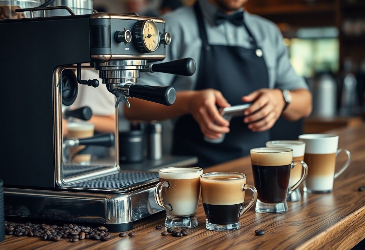 Barista beside espresso machine with four coffee drinks on a wooden counter