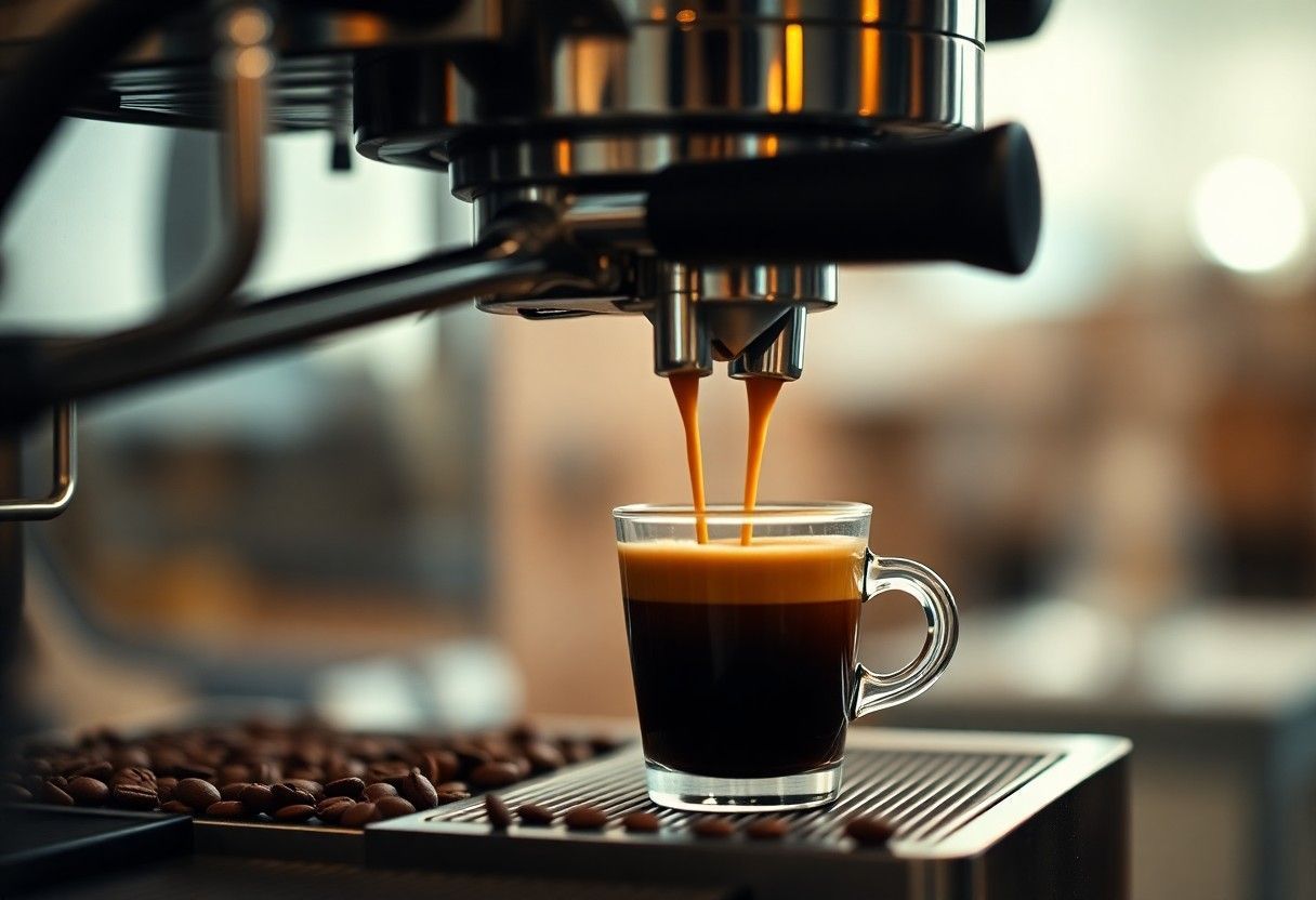 Espresso pouring from a machine into a small glass cup on a coffee bar counter