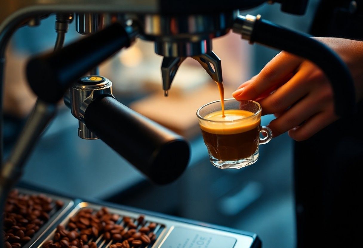 Espresso being poured into a glass cup at a coffee machine, with roasted beans nearby