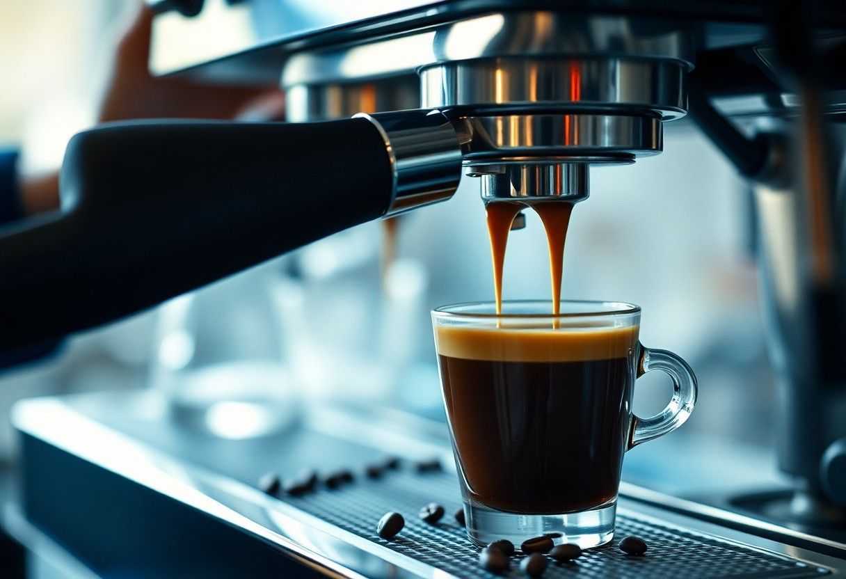 Espresso flowing into a glass cup from an espresso machine, with a silver drip tray.