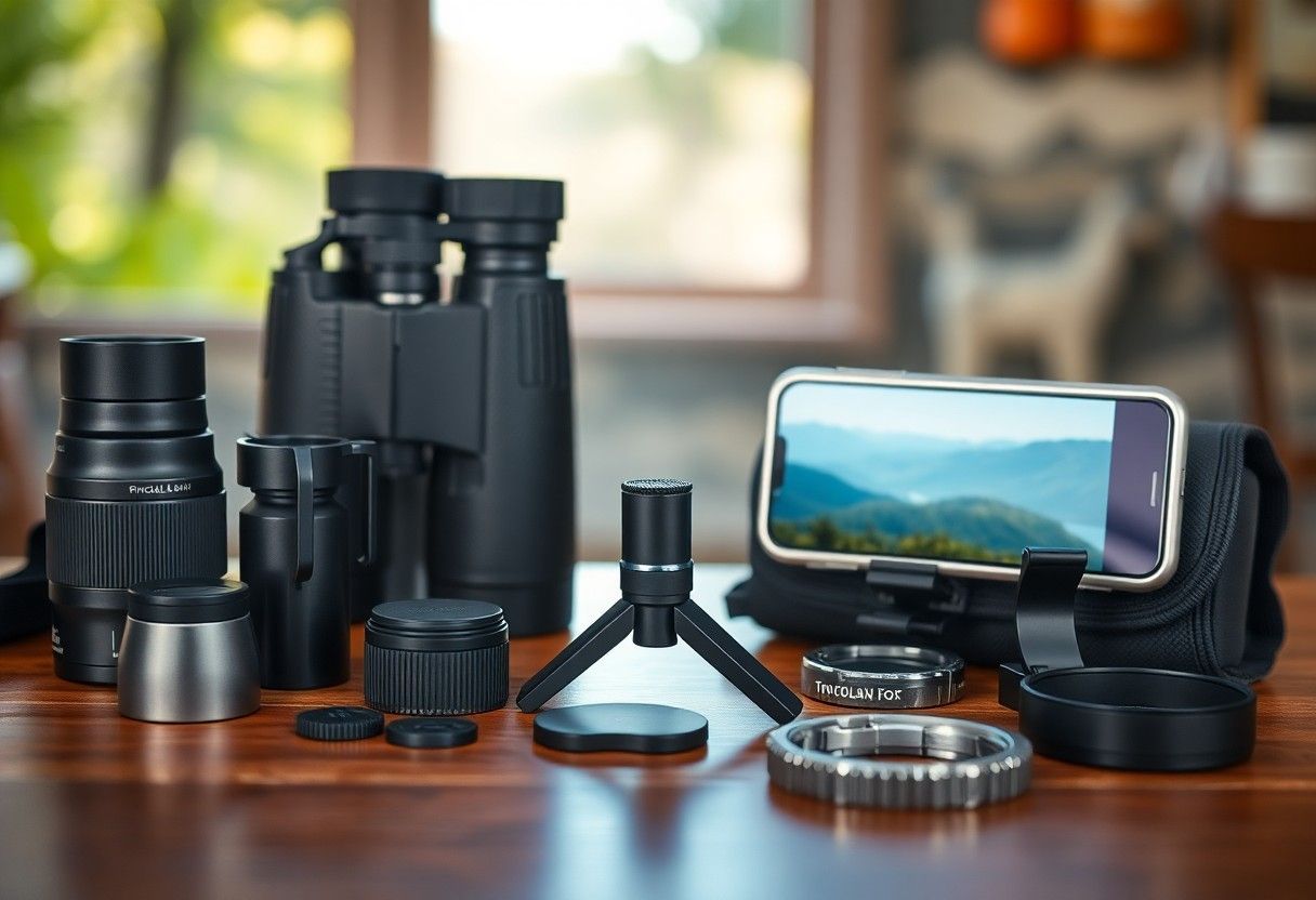 Binoculars, camera lenses, smartphone, and accessories arranged on a wooden table indoors