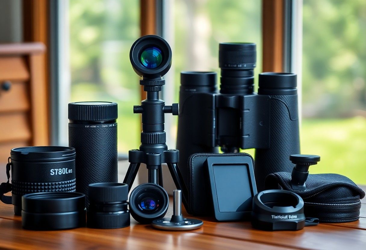 Camera lenses and photography gear arranged on a wooden table by a bright window