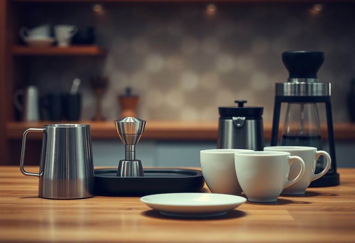 Coffee cups and brewing tools on a wooden kitchen counter, with a blurred café-style background
