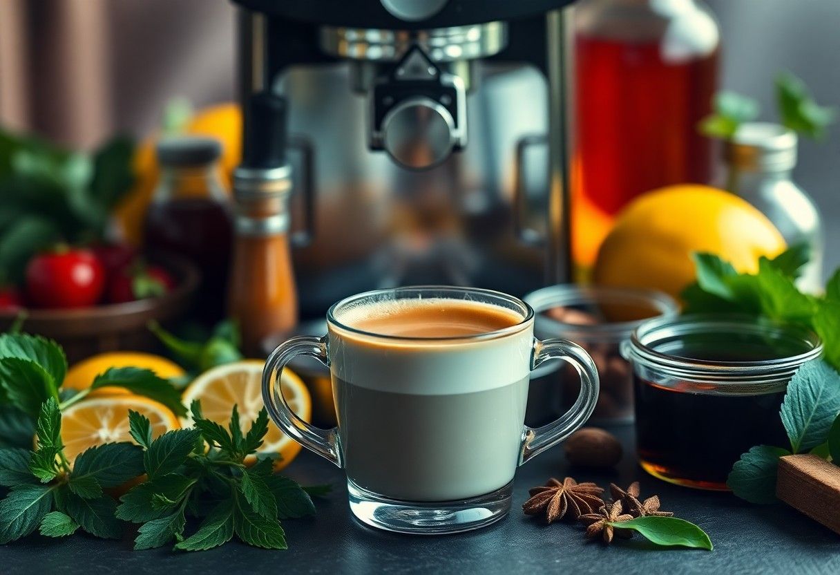 Espresso in a glass cup on a rustic table with herbs, fruit, and a coffee machine in the background