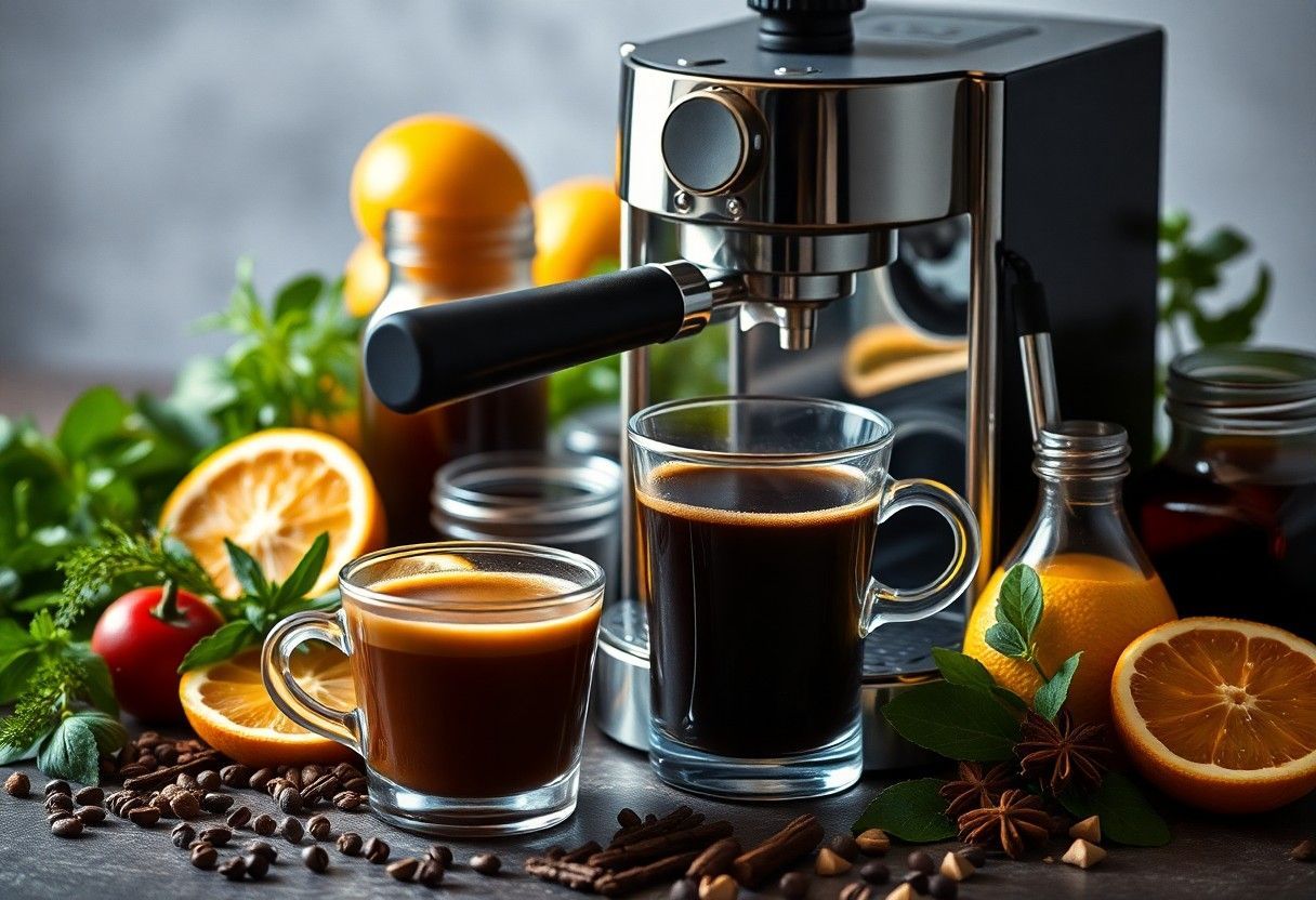 Espresso machine with two filled cups, coffee beans, oranges, and citrus slices on a dark table.