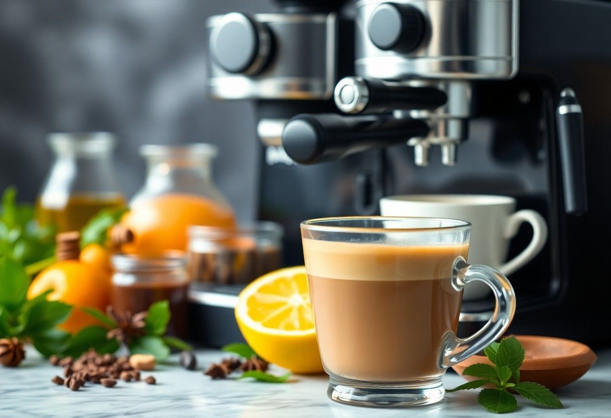 Glass cup of latte beside a lemon slice and coffee beans, with an espresso machine in the background