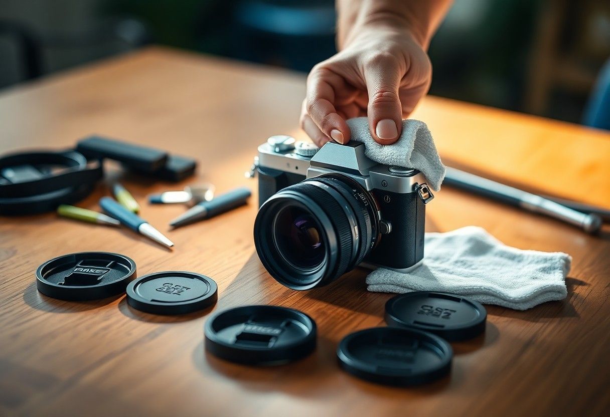 Hands cleaning a camera on a wooden table with lens caps and a cloth nearby