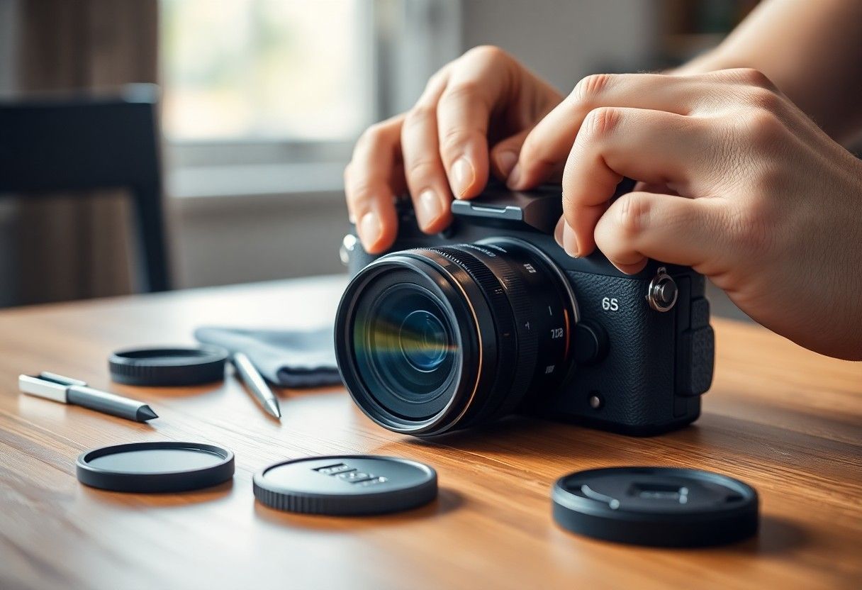 Hands adjusting a camera lens on a wooden table with lens caps and accessories nearby