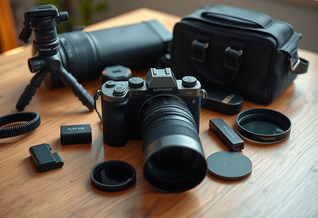 Camera gear on a wooden table: DSLR, lens, tripod, filters, batteries, and carrying case