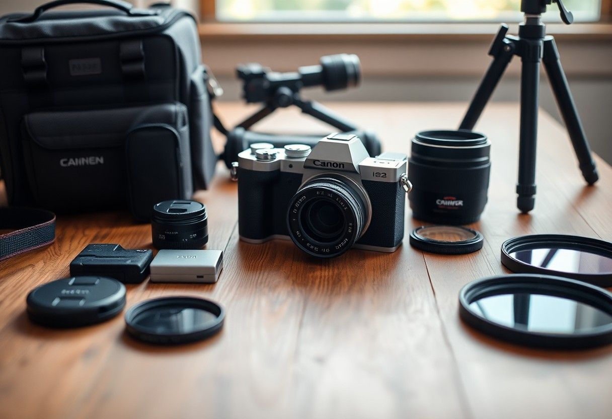 Camera gear laid out on a wooden table with lenses, tripod, and accessories