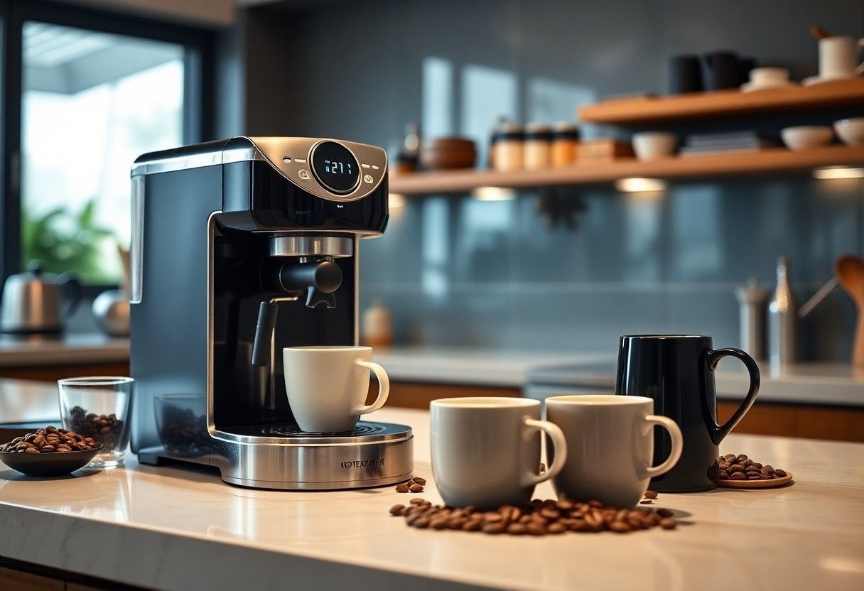 Modern coffee maker on kitchen counter with mugs and coffee beans
