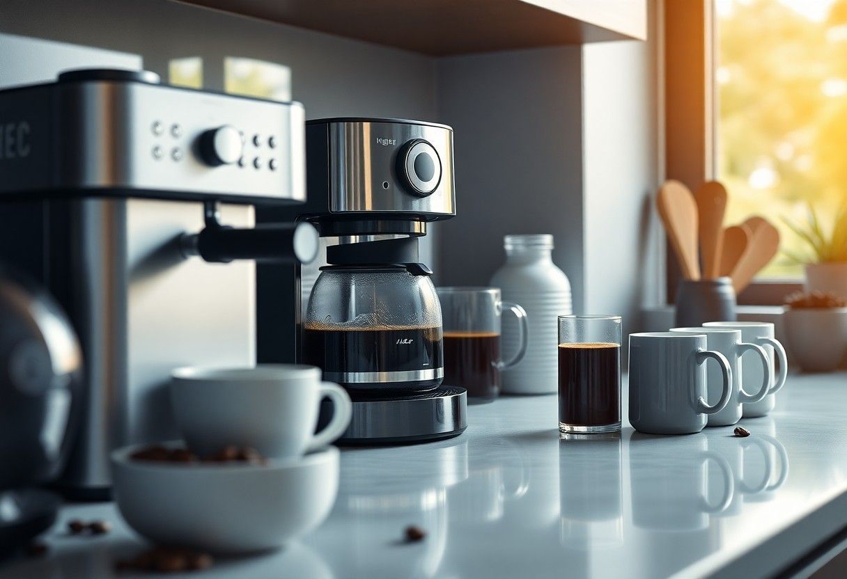 Coffee maker and cups on a kitchen counter in warm morning light