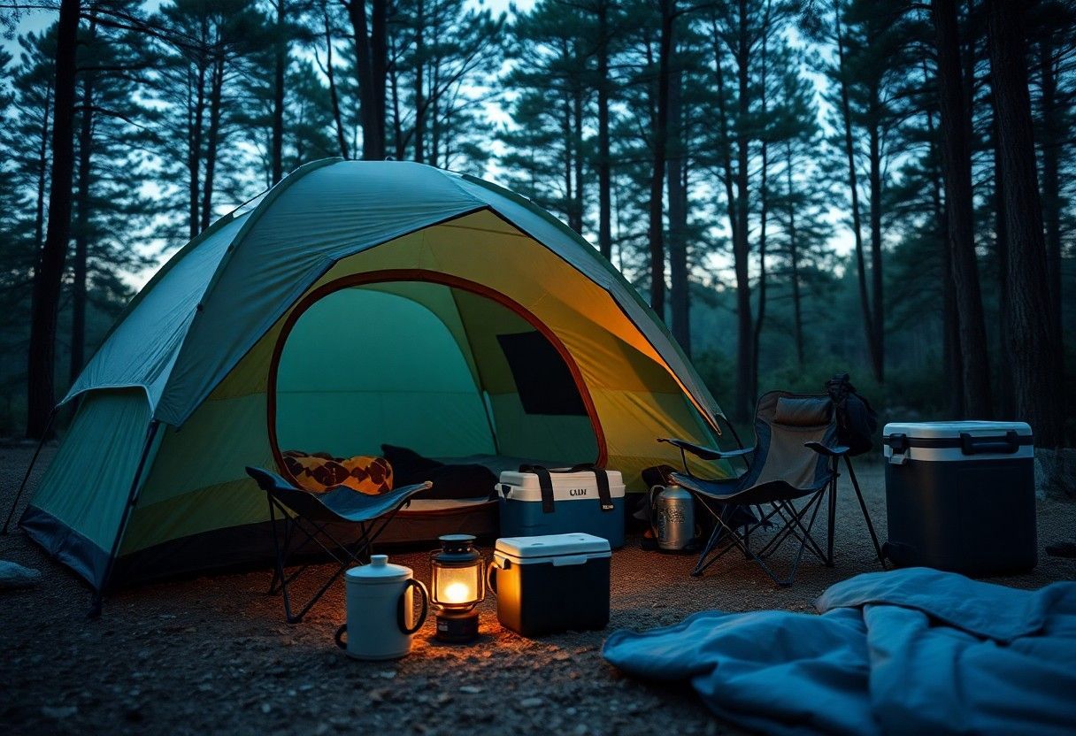 Lit tent at dusk in a forest campsite, with lanterns, chairs, coolers, and gear outside.