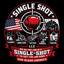 Single Shot LLC logo with red fist, US flag, service icons, and slogan for cleaning, lawn care, gutters, junk removal, painting