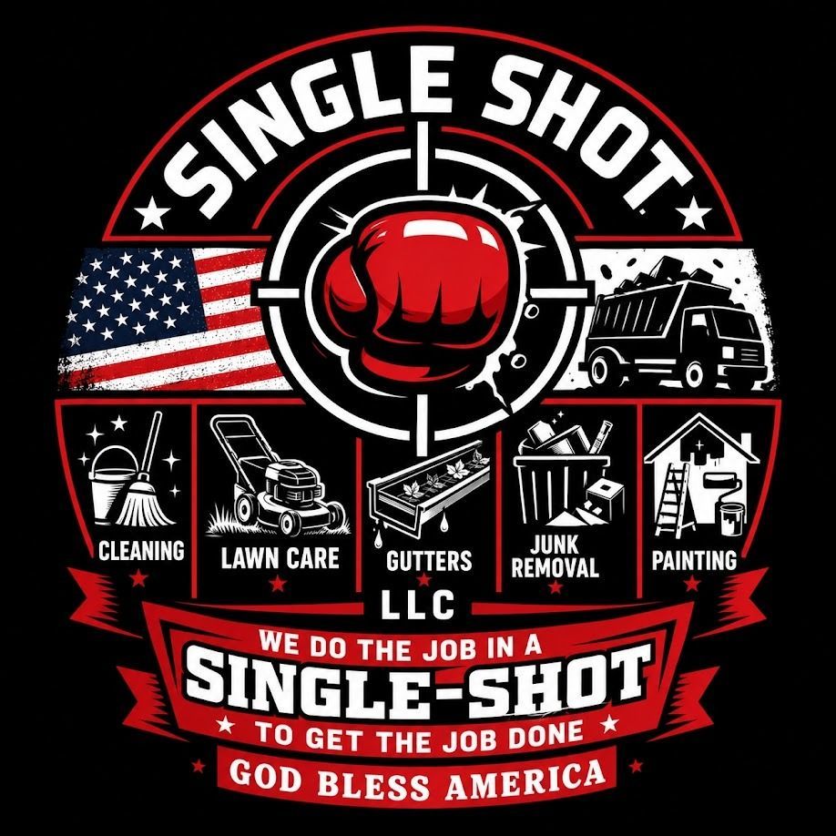 Single Shot LLC logo with red fist, US flag, service icons, and slogan for cleaning, lawn care, gutters, junk removal, painting
