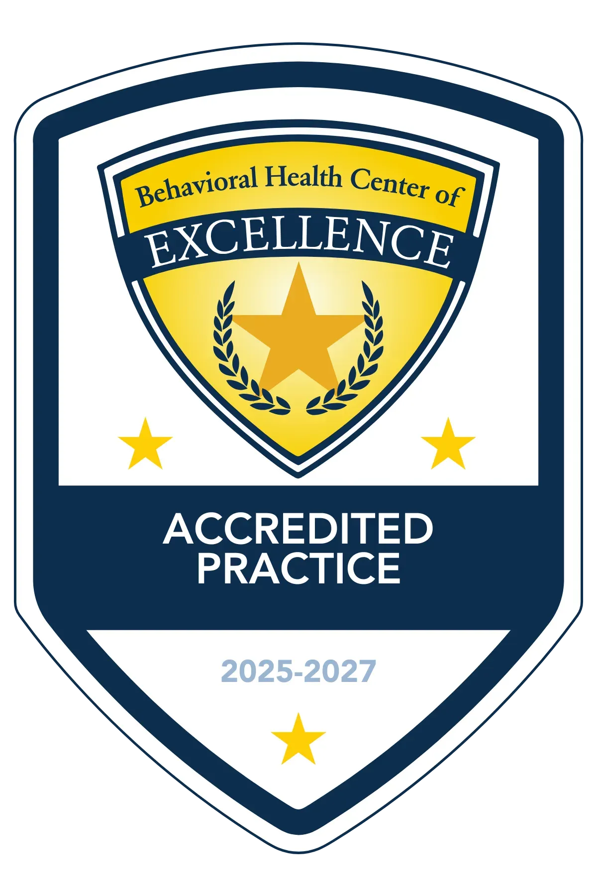 Behavioral Health Center of Excellence Accredited Practice shield logo, blue and gold, 2025-2027