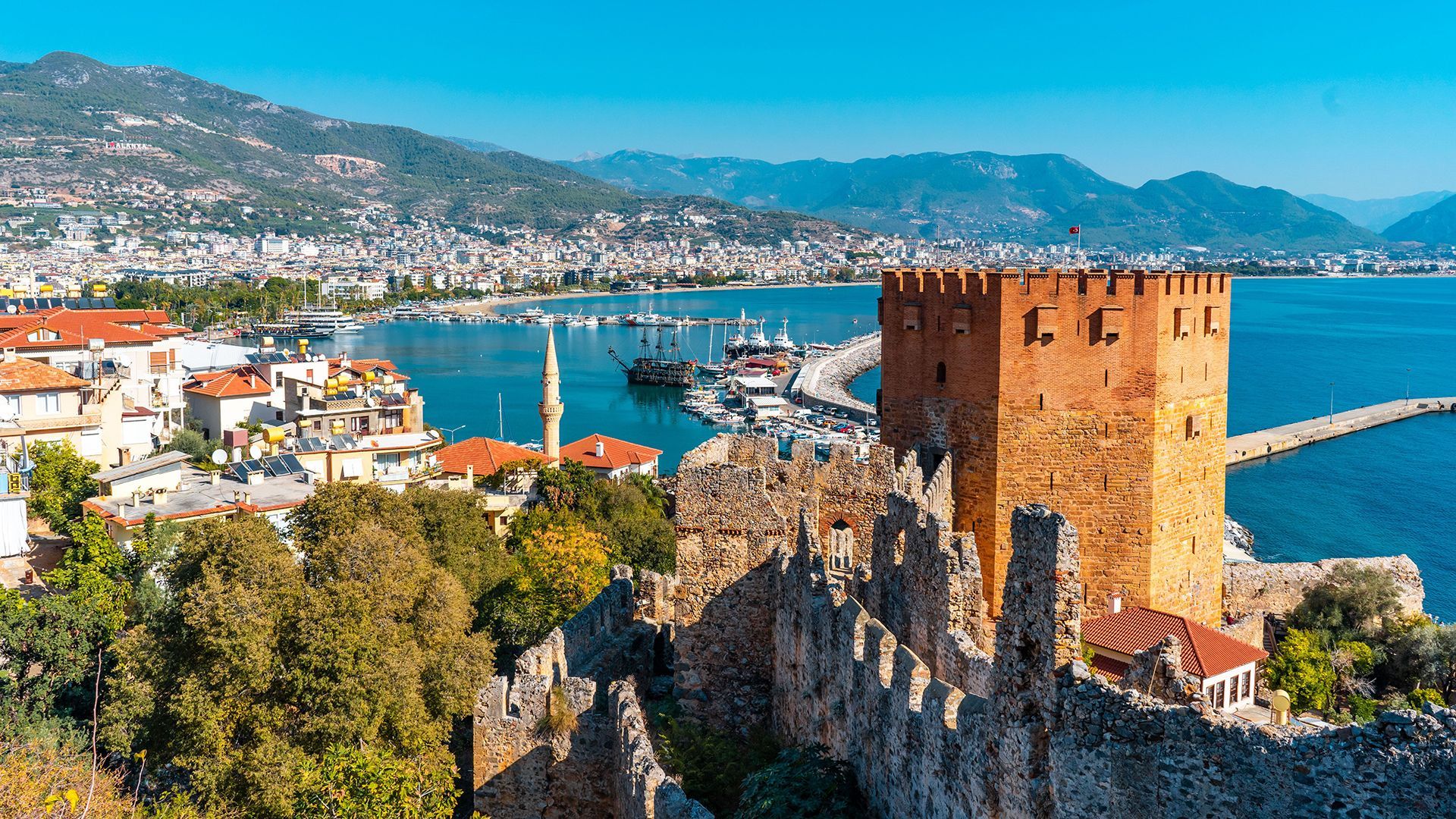 Kizil Kule and Alanya harbor in Antalya, Turkey