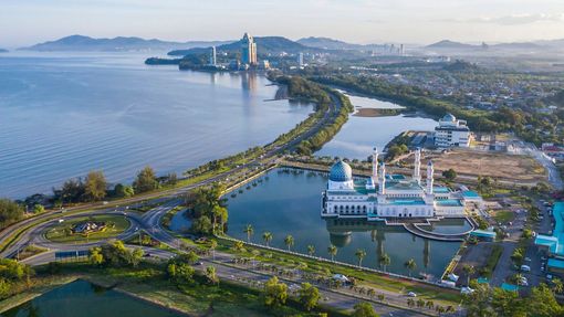 Aerial view of the floating mosque in Likas Bay, Malaysia
