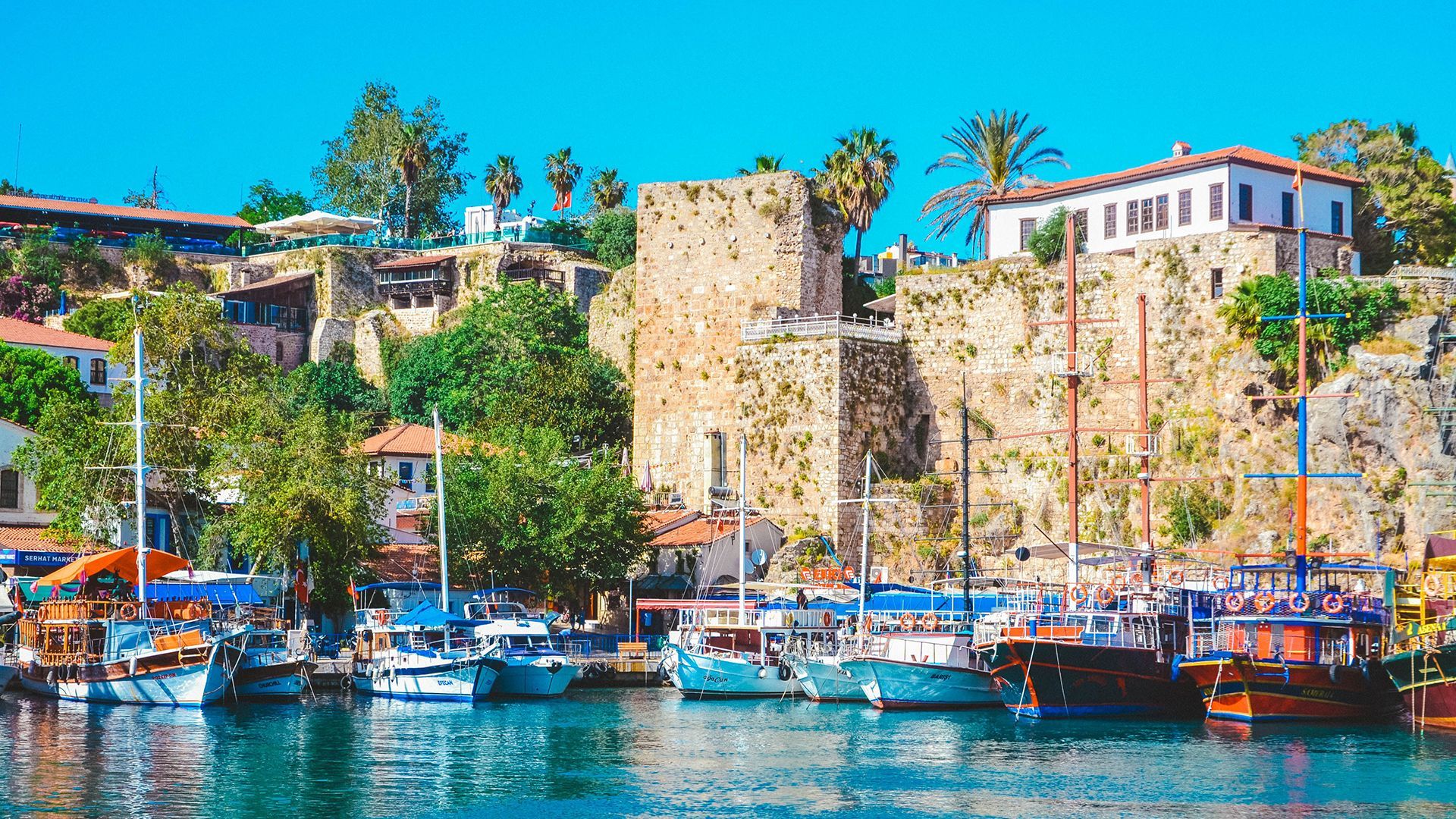 Marina and historic walls in Antalya, Turkey