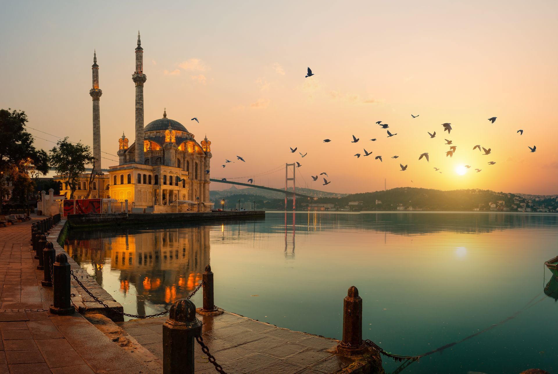 Ortaköy Mosque on the Bosphorus shoreline in Istanbul, Turkey