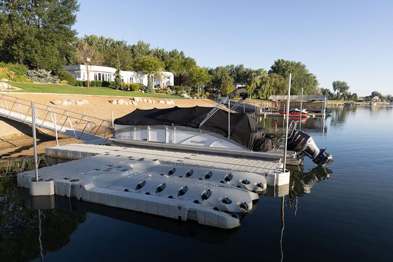 boat dock with benches on sides