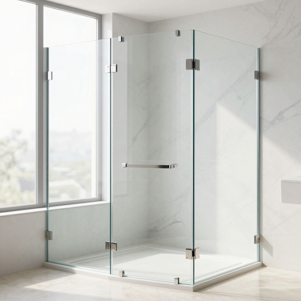 Mampara de ducha moderna de cristal con herrajes cromados en un baño luminoso.