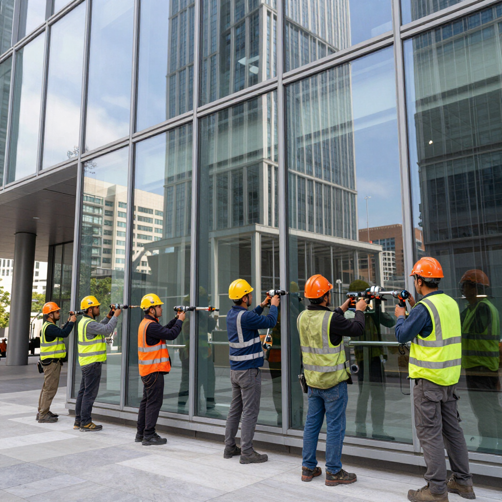 Trabajadores con cascos inspeccionan la fachada de cristal de un edificio con herramientas de medición.