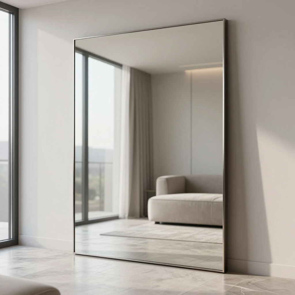 Dormitorio minimalista con un gran espejo de pie que refleja una cama y cortinas junto a una ventana luminosa.