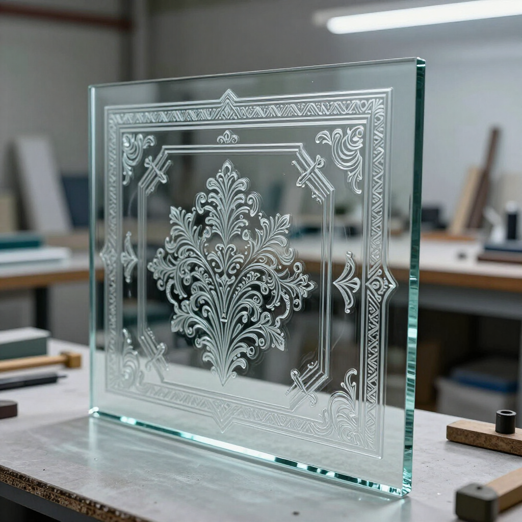 Placa de vidrio grabado con un elaborado diseño floral sobre un escritorio en una oficina luminosa.