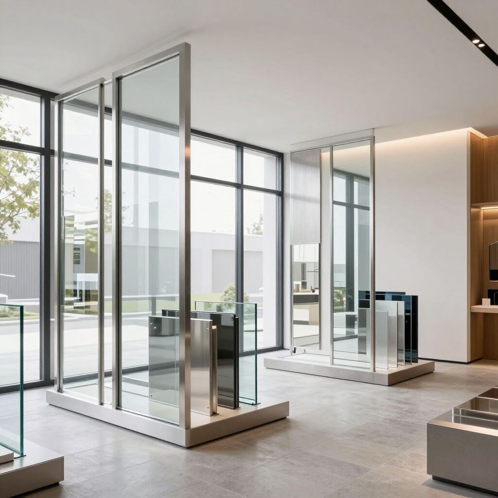 Vestíbulo de oficina moderno y minimalista con paredes divisorias de vidrio y abundante luz natural.