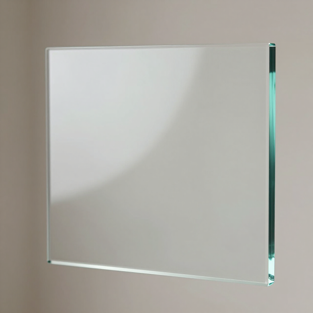 Panel de vidrio blanco con un fino borde verde, mostrado sobre un fondo beige.