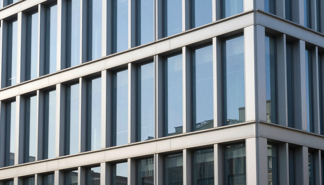Fachada de edificio de oficinas moderno con ventanas verticales de vidrio y estructura metálica gris.