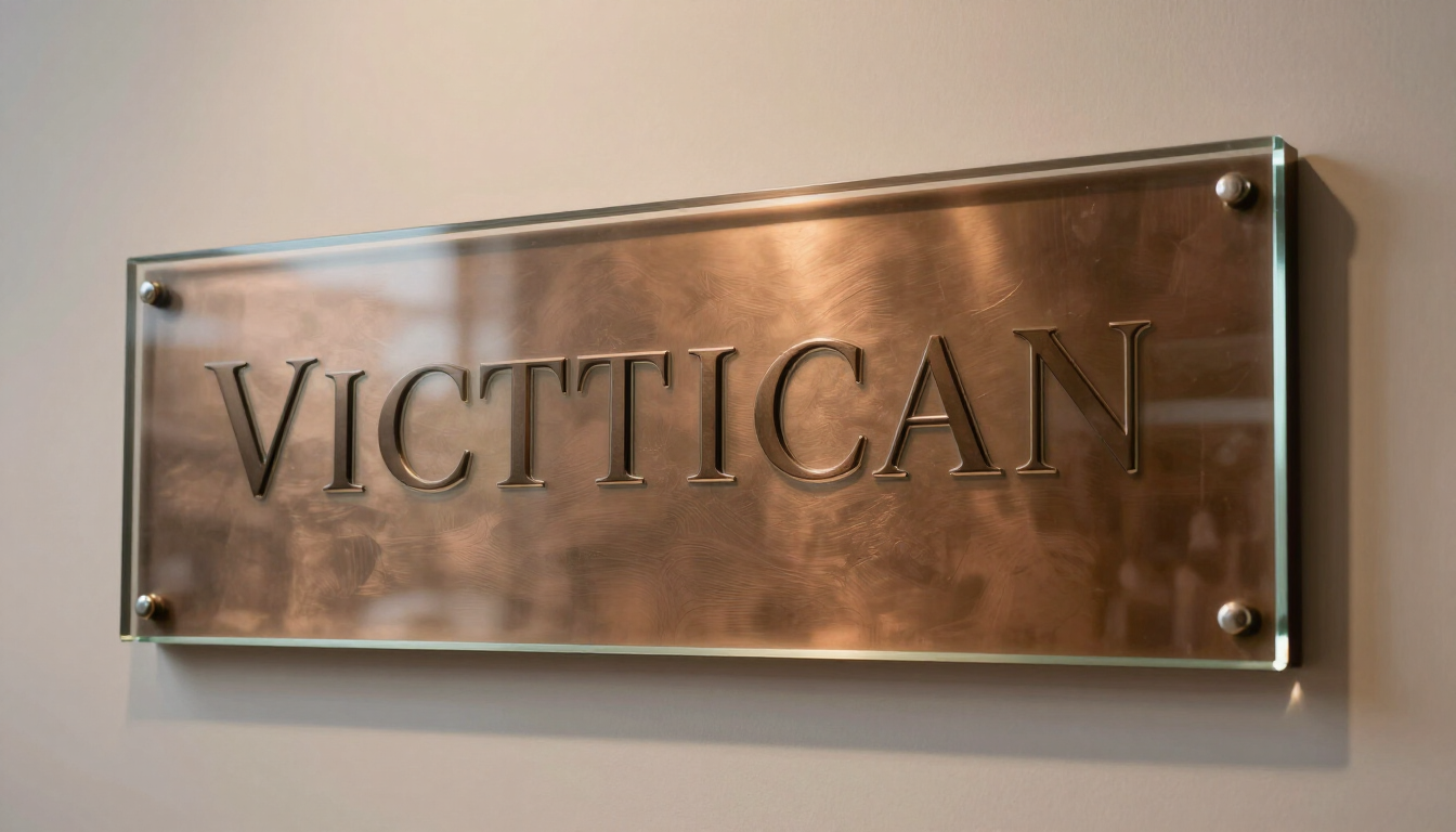 Placa de cobre con la palabra “VICTTICAN” en letras negras montada en una pared.