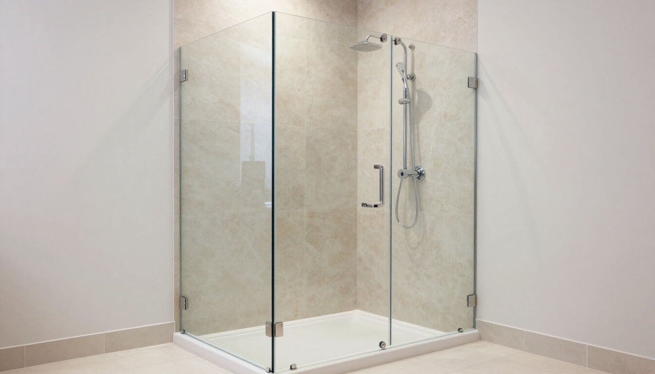 Ducha de esquina con mampara de cristal, paredes de azulejos beige y grifería cromada.