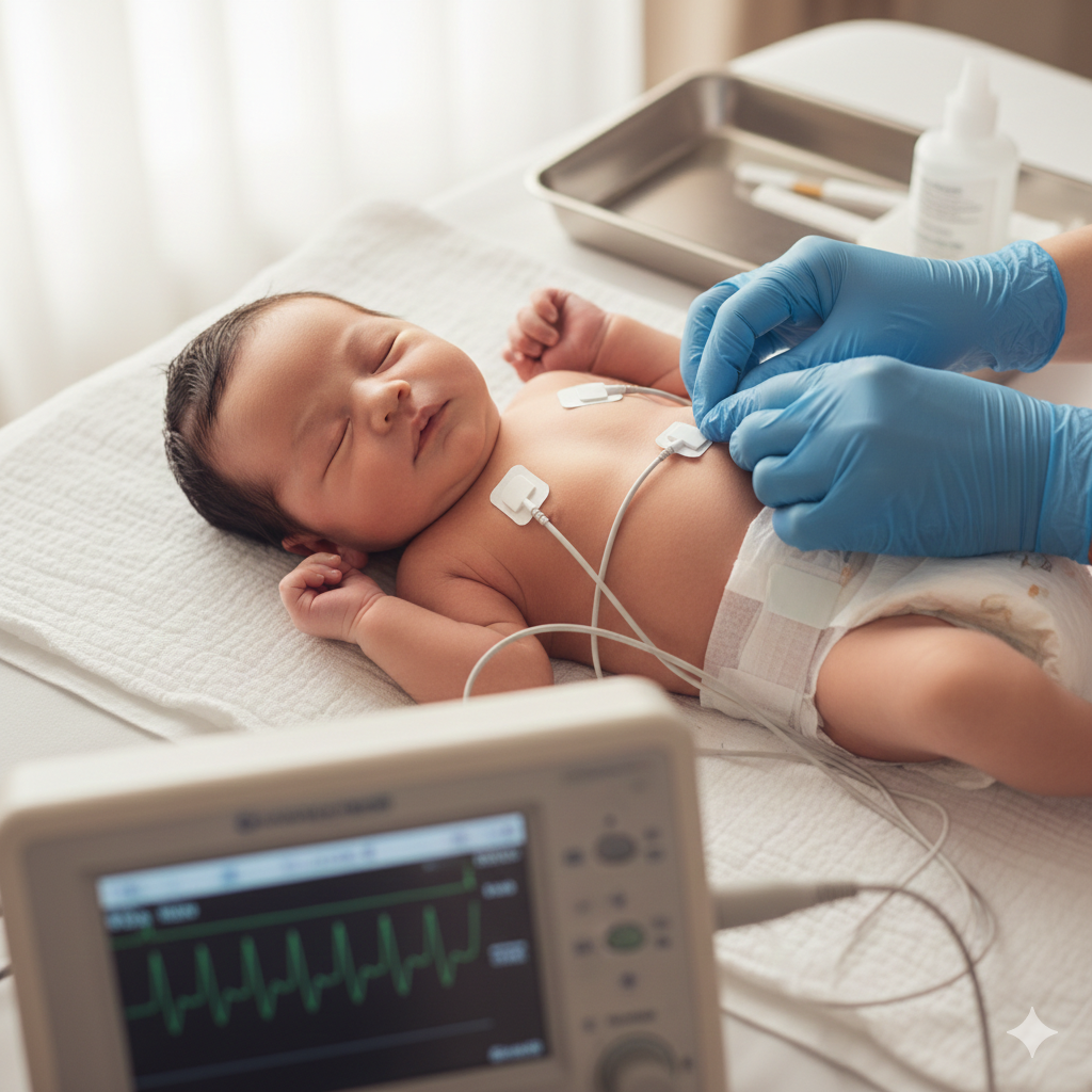 Un recién nacido está siendo examinado con electrodos de ECG