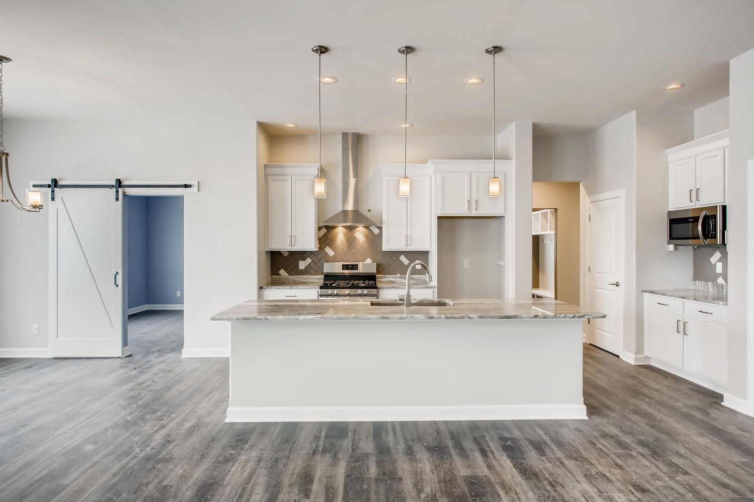 Modern kitchen with white cabinets, island, stainless steel appliances, and gray wood floors.