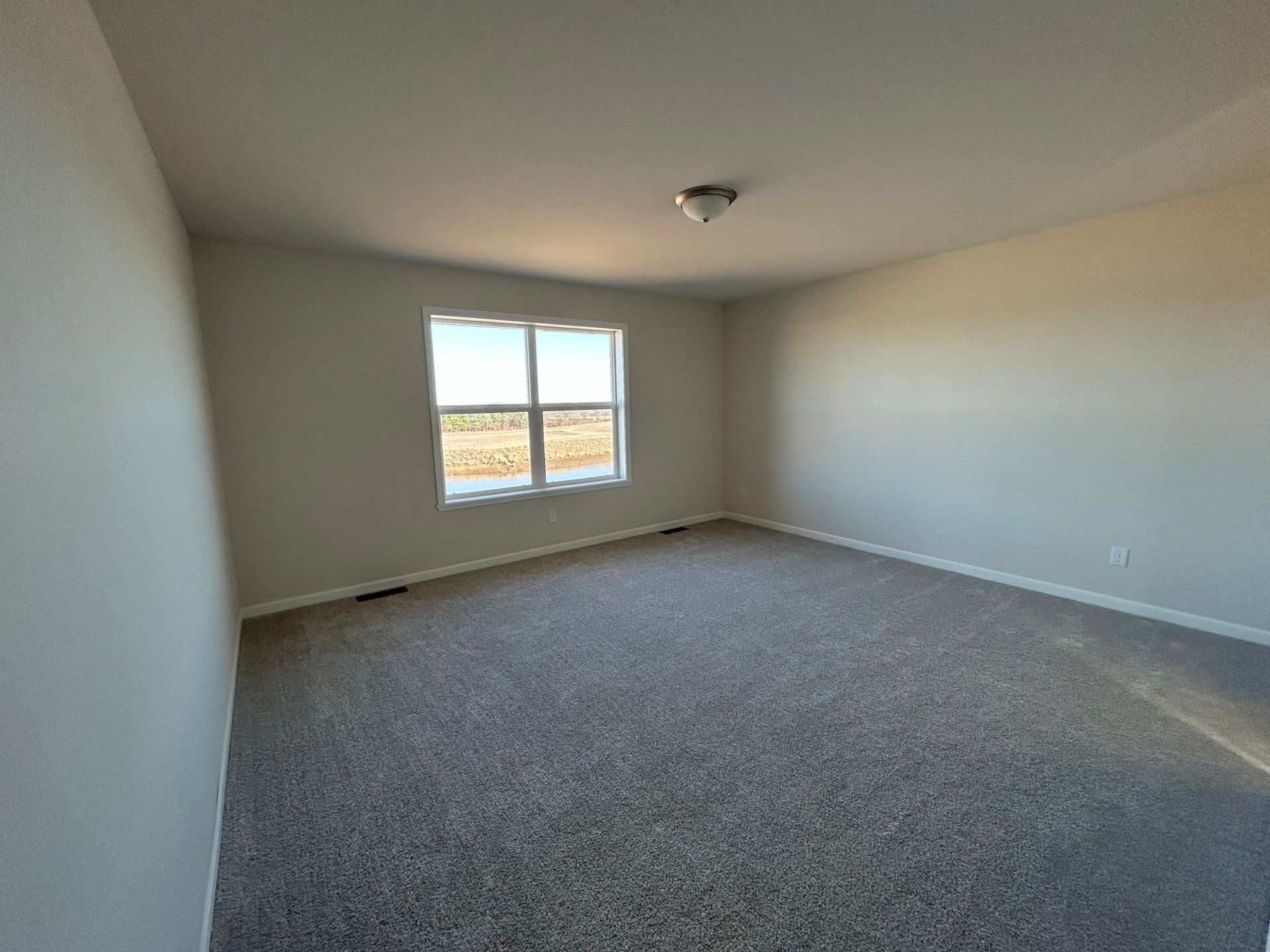 Empty room with gray carpet, a window, and a ceiling light.