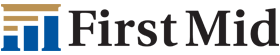 Logo of First Mid: blue and tan stacked bars followed by black text.