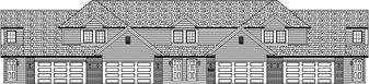 Exterior view of a large multi-unit building with garage doors and a detailed roof.