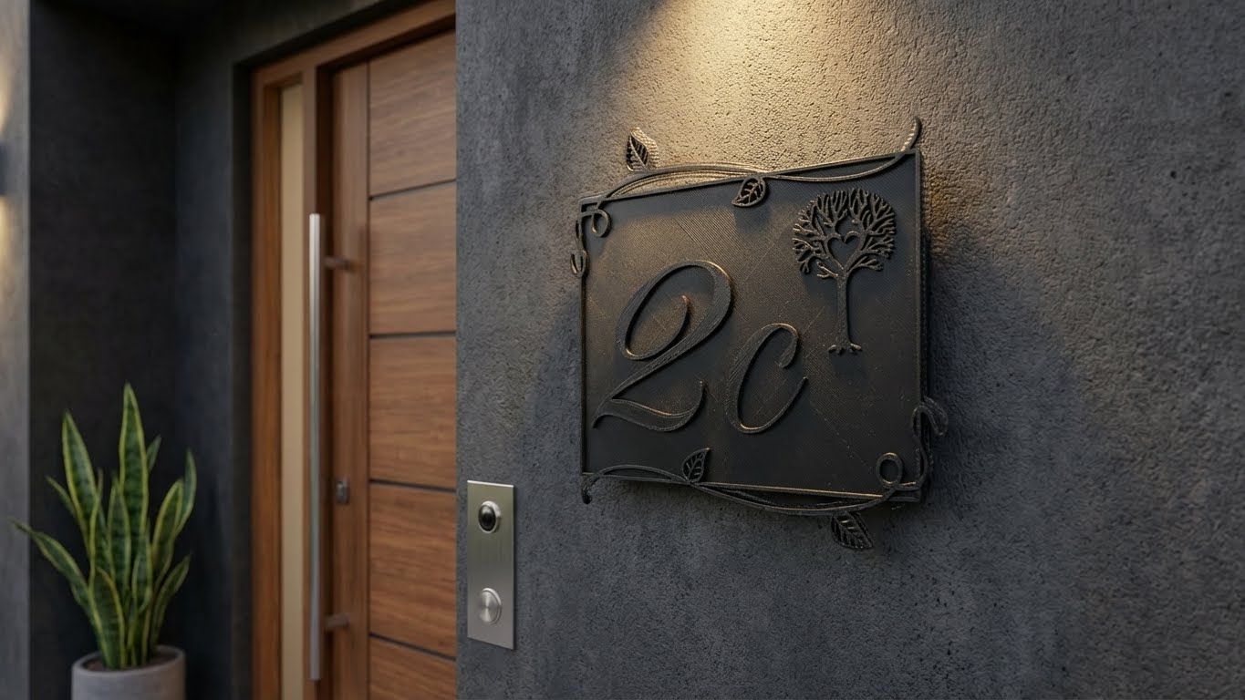 Dark gray wall with a metal “2c” plaque beside a wooden door and potted plant.