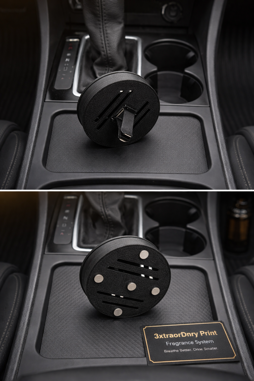 Car center console with gear shift, cup holders, and four round control buttons on a mat