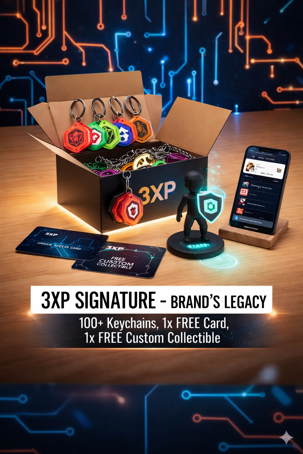 3XP Signature legacy promo: cardboard box, colorful apps, shield icon, phone, dark tech background