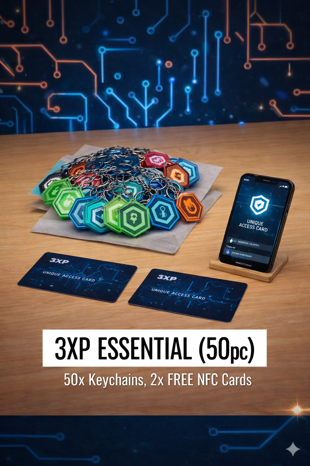 Essential 3XP bundle with 50 keychains and 25 free NFC cards on a table with a phone display