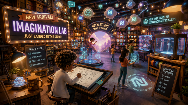 Futuristic “Imagination Lab” room with glowing screens, holograms, and people exploring a creative workspace