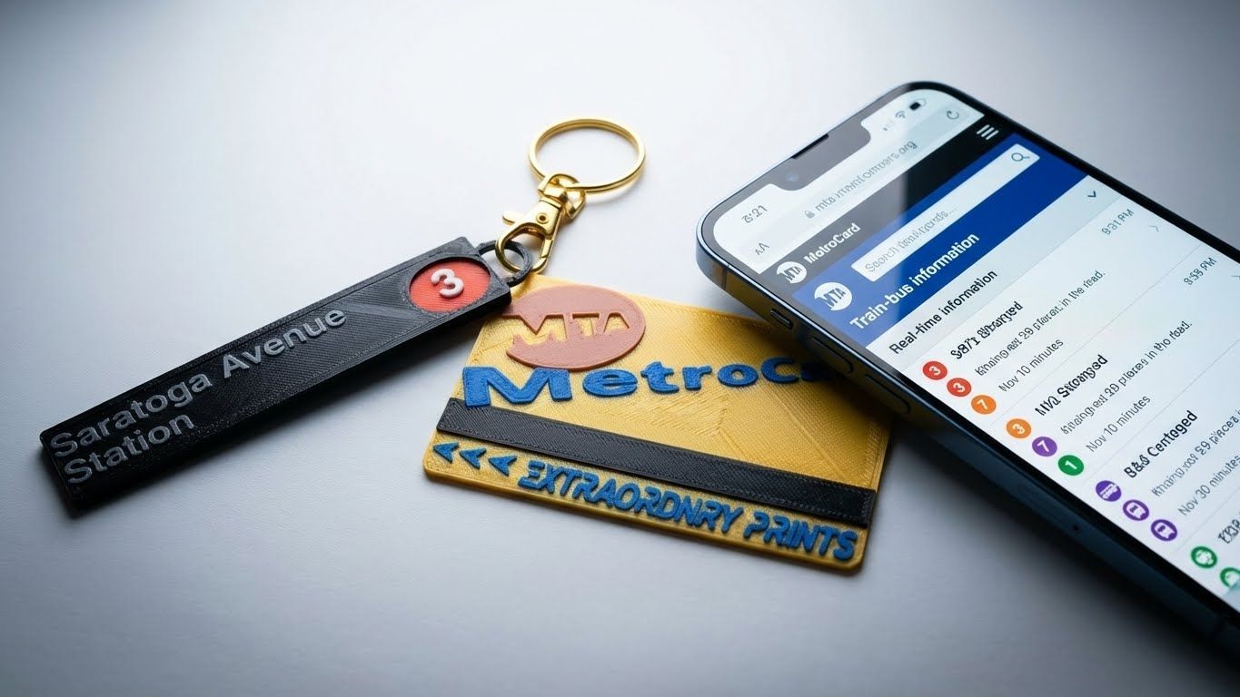 Hands holding a MetroCard keychain in front of a smartphone displaying the MTA app in a subway station