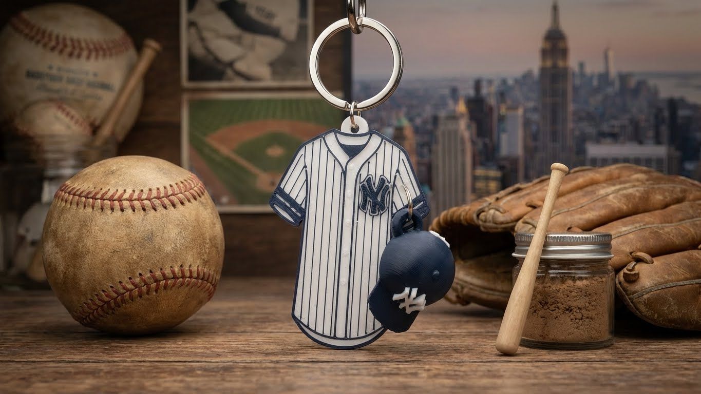 Baseball jersey keychain with ball and bat on a wooden table, with baseballs, gloves, and city skyline in background