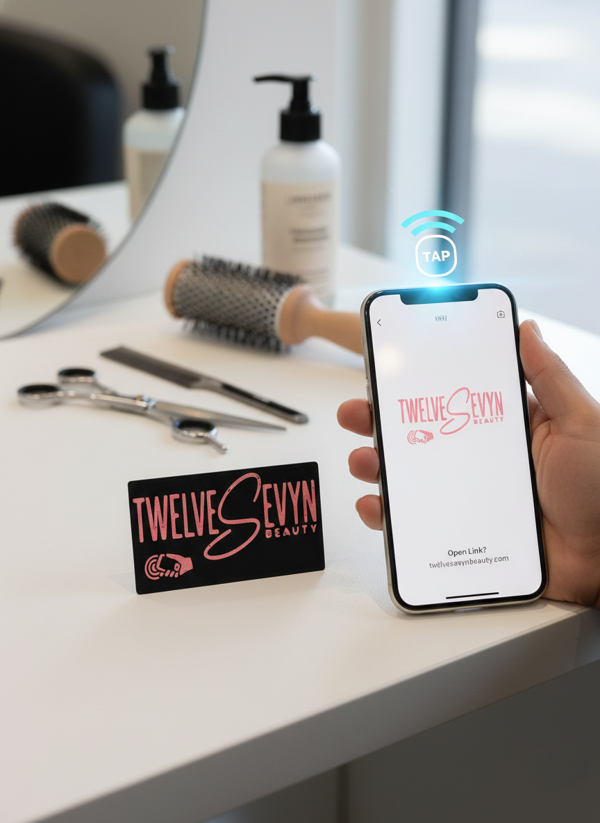 Hand holding smartphone beside hair tools on a vanity with a salon card and product bottles
