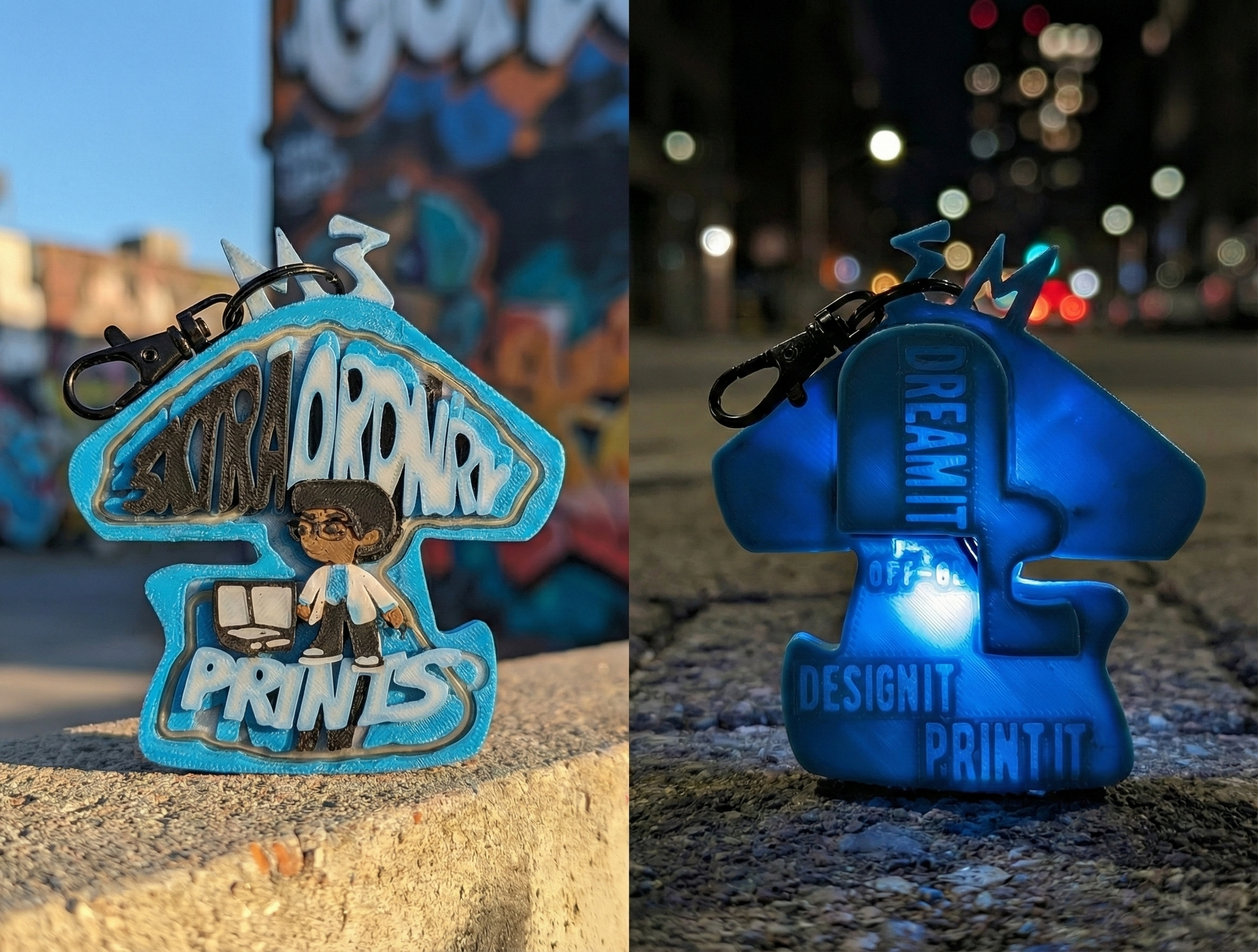 Blue glowing mushroom graffiti figures on a city ledge, with neon-lit street art in the background