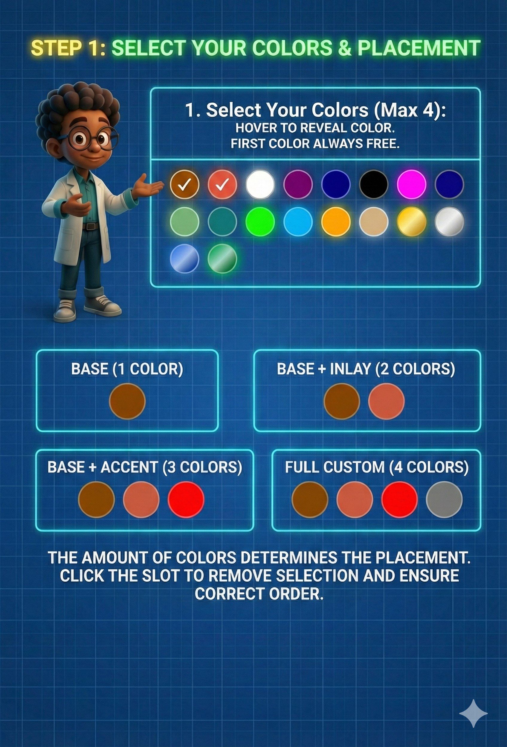 Game screen showing “Select your colors & placement” with color swatches and slot options for a color puzzle.