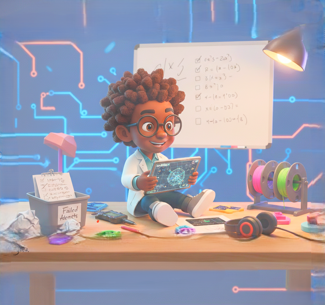 Child with curly hair using a laptop at a cluttered desk, with a whiteboard and circuit-themed background.